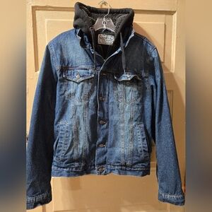 Signature By Levi Strauss Hooded Denim Button Zip Front Trucker Jacket Size: S